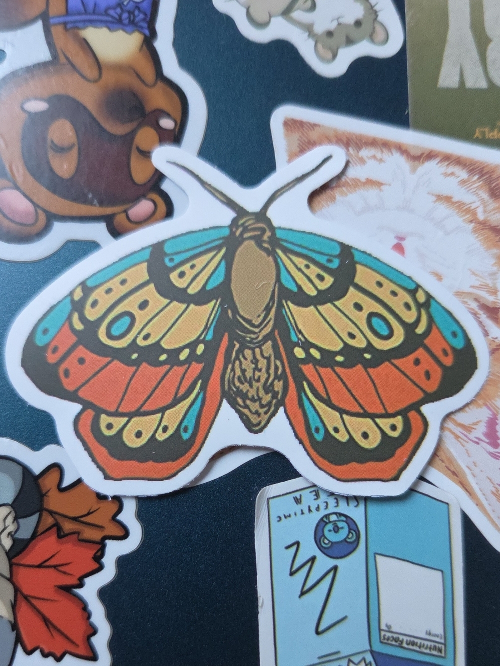 Decorative Moth Sticker - Orange, Teal & Gold Accent